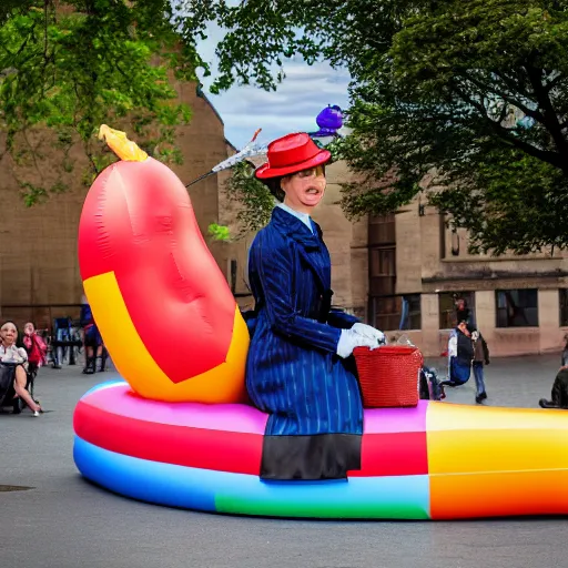 Image similar to Mary Poppins sitting on an inflatable hotdog outside Coventry cathedral