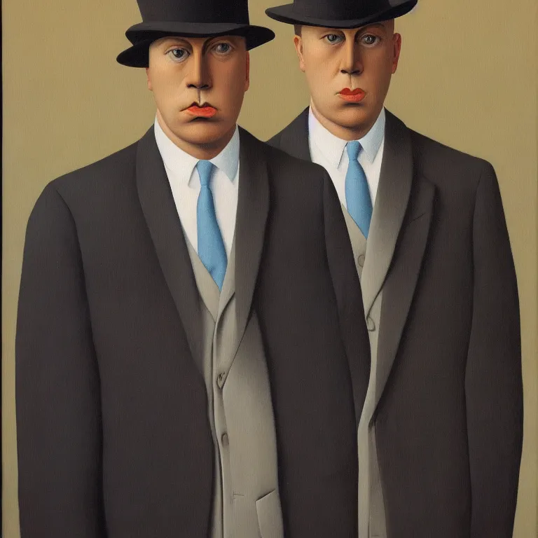Prompt: portrait of man in a suit with hidden face by rene magritte, detailed painting, hd, hq, high resolution, high detail, 4 k, 8 k