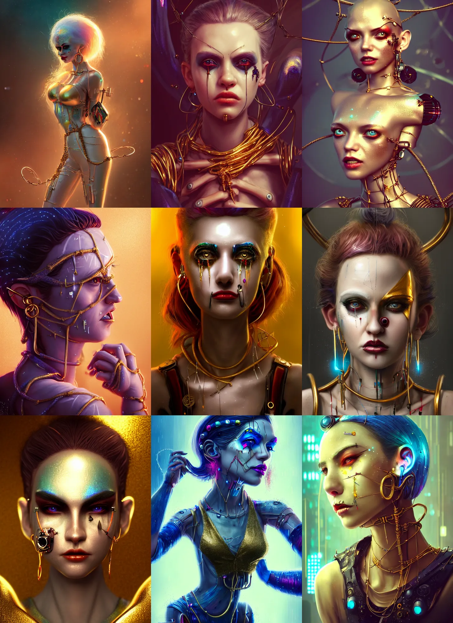 Prompt: disney 8 k photo, stunning shiny sweaty porcelain rich grand iridescent emo edc barbed wire clowncore cyborg college woman, earrings, golden ratio details, sci fi, fantasy, cyberpunk, intricate, decadent, highly detailed, digital painting, octane render, artstation, concept art, smooth, sharp focus, illustration, art by loish, wlop