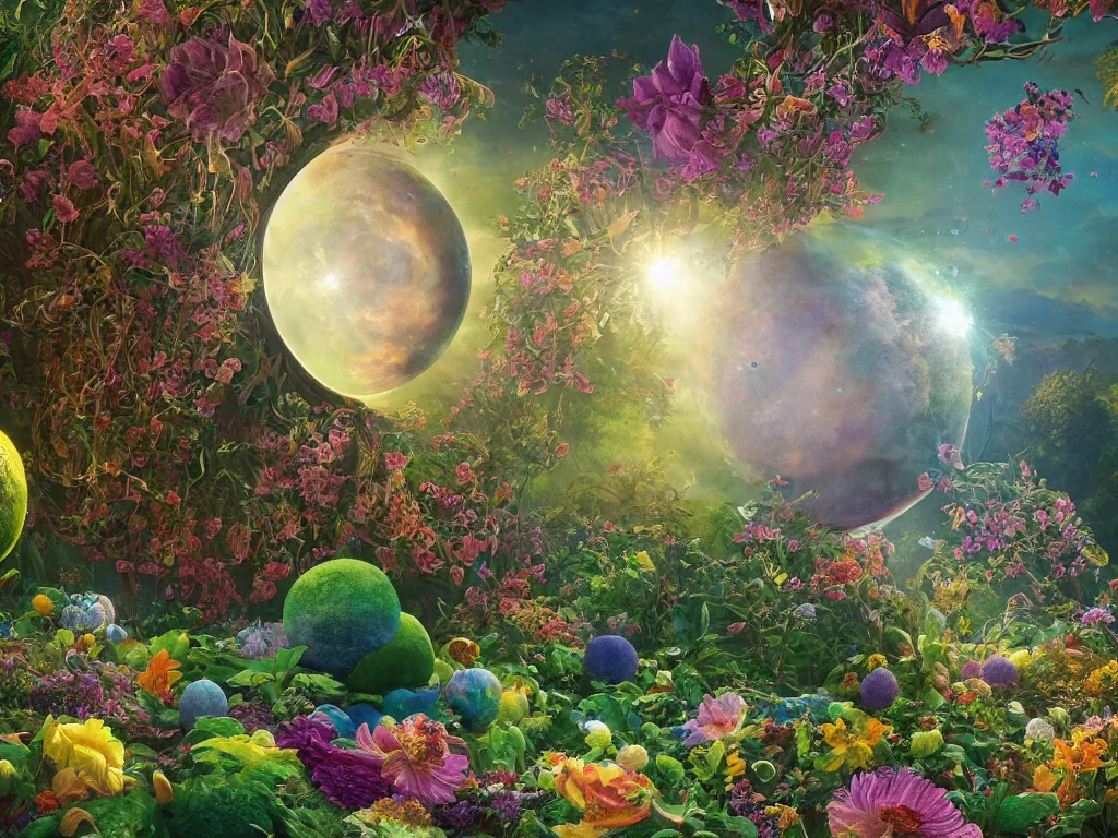 Prompt: the universe is a spheroid region 7 0 5 meters in diameter, kauai springtime, sunlight study, art nouveau, by rachel ruysch and ( ( ( ( ( lisa frank ) ) ) ) ) and ( ( ( ( ( hans zatzka ) ) ) ) ), 8 k, extreme detail, sharp focus, octane render