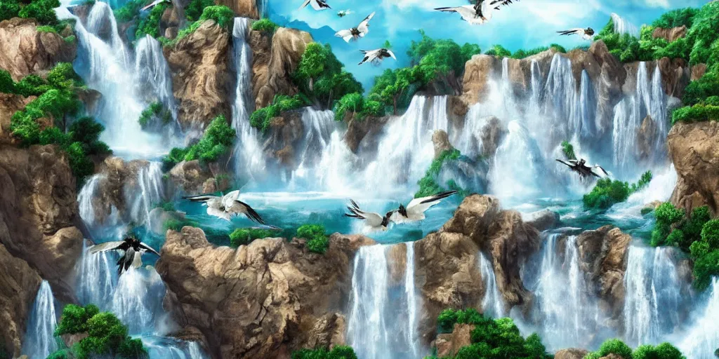 Image similar to a flock of seagulls fly over a majestic waterfall, realistic, detailed,