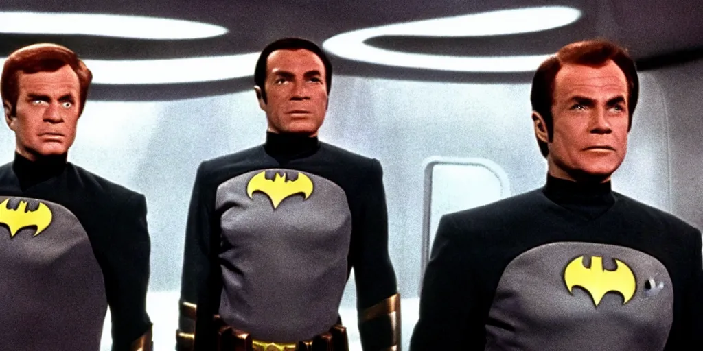 Prompt: ((Batman)) in Starfleet uniform, in the role of Captain Kirk in a scene from Star Trek the original series