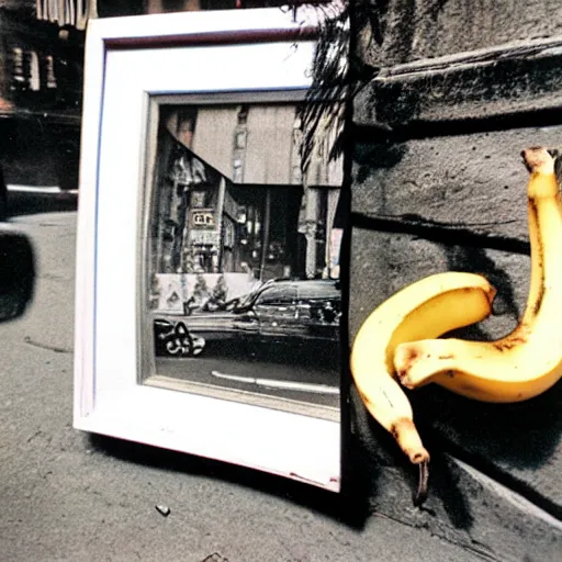 Image similar to wide-shot very low-angle eyesight photo of stray cat and a banana peel at the street in New York, polaroid photo, by Andy Warhol, signed