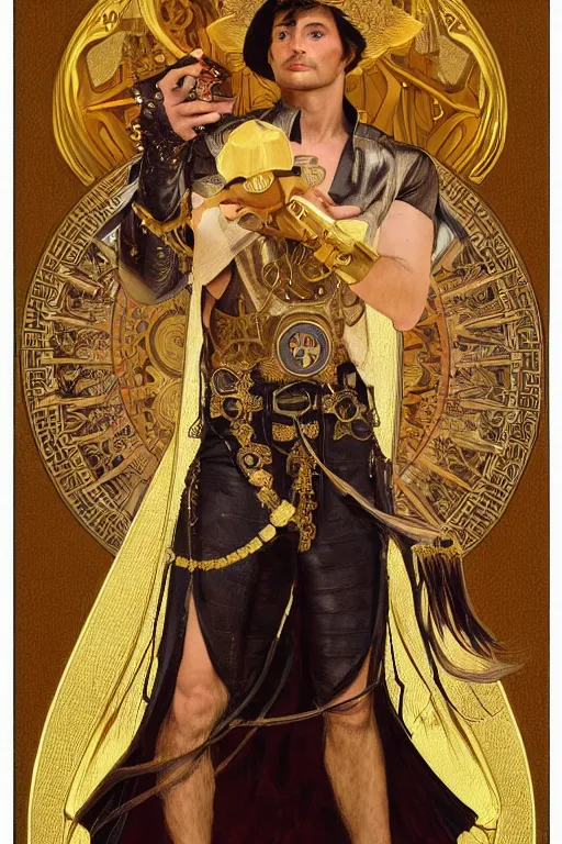 Prompt: a dramatic ethereal epic symmetrical painting of a handsome cowboy in a gold outfit | tarot card, art deco, art nouveau, (steampunk), homoerotic, realistic | by Mark Maggiori, by Alphonse Mucha, (((by Greg Rutkoswski))), | trending on artstation