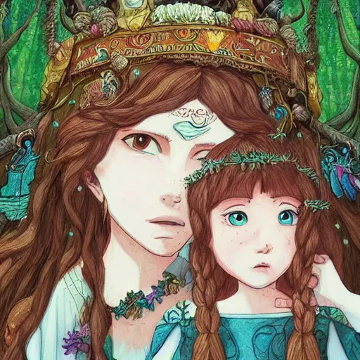 Image similar to “portrait of the goddess of love and her daughter making a ritual sacrifice in a magical forest, ghibli, detailed, sharp focus, digital art, detailed face”