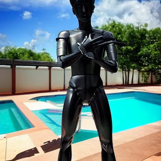 Image similar to “a realistic detailed photo of a guy who is an attractive humanoid who is half robot and half humanoid, who is a male android, twitch streamer Ninja Tyler Blevins, shiny skin, posing like a statue, blank stare, by the pool as a pool boy , display”