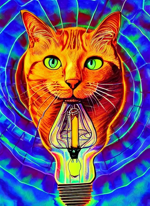 Prompt: portrait of a cat's head inside an upside down light bulb, modern fine art, intricate, elegant, subsurface scattering, highly detailed pop art painting, organic acrylic flow art, psychedelic fractal art, acrylic art, watercolor, featured on deviantart