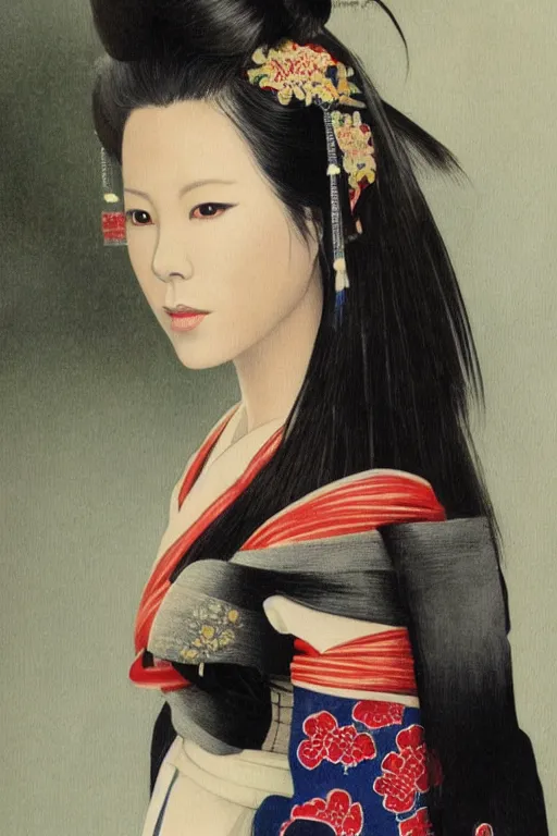 Image similar to Photo of Native Japan woman Kate Beckinsale, portrait, skilled geisha of the Japanese, realistic, detailed, Kate Beckinsale