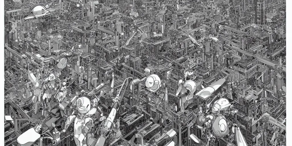 Prompt: gigantic robotic drones with lasers with human faces catch tiny robots, a lot of exotic plants around, human heads everywhere, risograph by satoshi kon and moebius, no text!, colorful flat surreal design, black & white, super - detailed, a lot of tiny details, fullshot