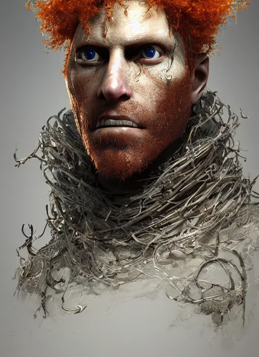 Image similar to biopunk portrait of curly orange hair man from dark souls, au naturel, hyper detailed, digital art, trending in artstation, cinematic lighting, studio quality, smooth render, unreal engine 5 rendered, octane rendered, art style by klimt and nixeu and ian sprigger and wlop and krenz cushart.