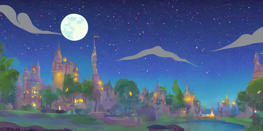 Image similar to moonlit night sky in disney animation style