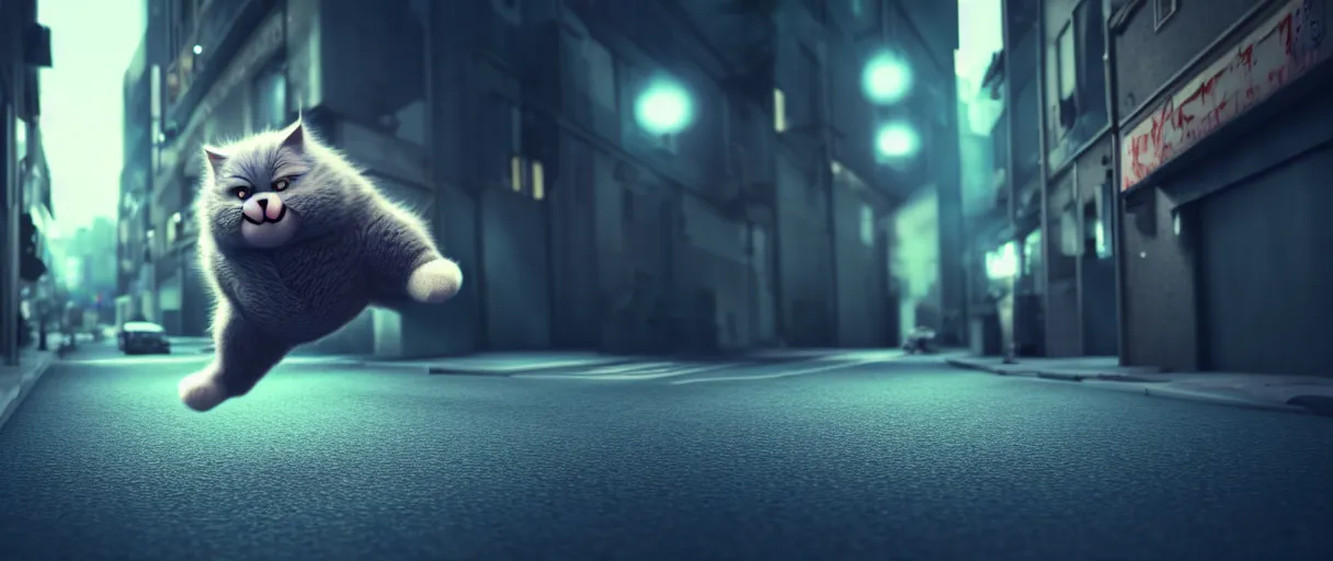 Image similar to 3d render of a cute flooffy fat catman jumping on a dark city alley sharp cinematic lighting octane 8k low angle shallow depth of field