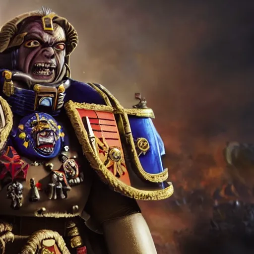 Image similar to nigel farage as a space marine in warhammer space marine, splash art, movie still, cinematic lighting, dramatic, octane render, long lens, shallow depth of field, bokeh, anamorphic lens flare, 8 k, hyper detailed, 3 5 mm film grain