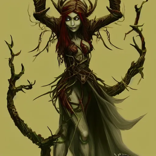 Image similar to female elf, tree person, warhammer aelf dryad, dynamic pose, elongated legs, long fingers, talons, terrifying, dark, fog, artstation