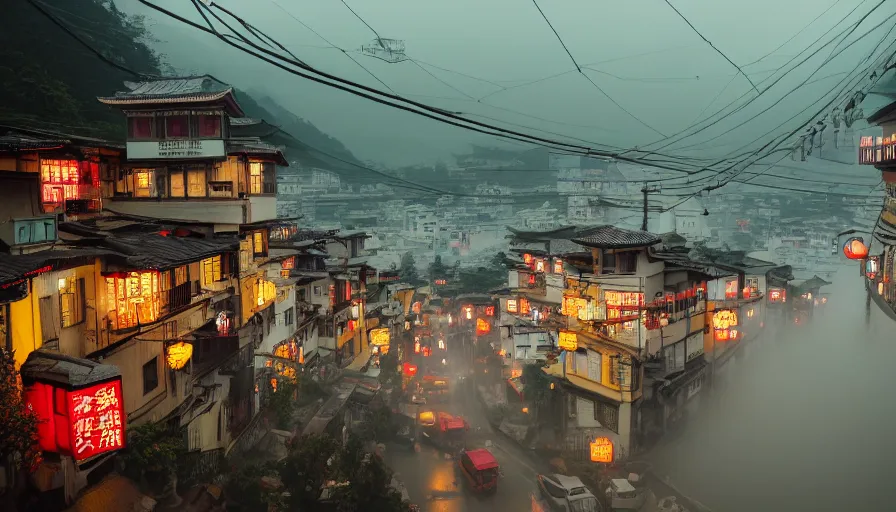 Prompt: a Wes Anderson 35mm film still of a very surreal magic small mountain town, like Jiufen and Kyoto, golden hour, falling cherry blossom pedals, in the style of Gucci, James Jean color palette, glowing warm lights and floating lanterns, foggy atmosphere, rainy, moody, muted colors, magic details, high detail, high resolution, 8k, cinematic look, octane render, psychedelic,