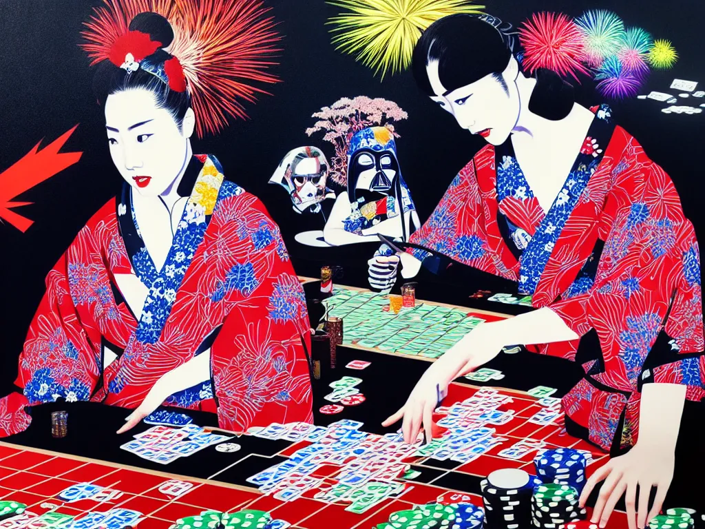 Image similar to hyperrealistic composition of the detailed woman in a japanese kimono sitting at a extremely detailed poker table with hyperdetailed darth vader, fireworks, mountain fuji on the background, pop - art style, jacky tsai style, andy warhol style, acrylic on canvas