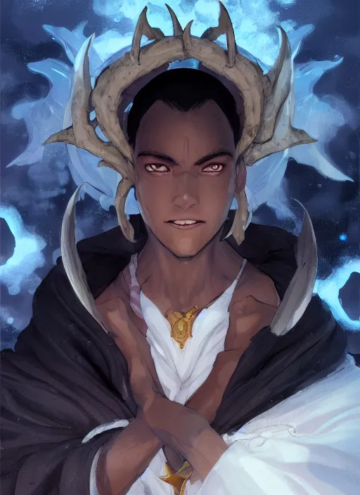 Image similar to concept art painting of a dark skinned person with short white hair, demon horns, white freckles, full clothing, blue robes, detailed, cel shaded, in the style of ruan jia and artgerm and makoto shinkai and james gurney