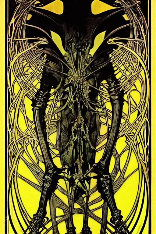 Prompt: black and yellow flat color risoprint, alphonse mucha, richard corben, wayne barlowe, moebius, heavy metal comic cover art, psychedelic triangular skeletal calcification fungus lich in darkiron spike armor, full body, hollow eyes, symmetrical face, long black crown, in a dungeon background, moody dark colors