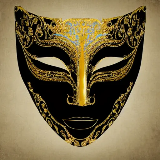 Image similar to a white - and - gold venetian mask emerging from thick black paint, digital art