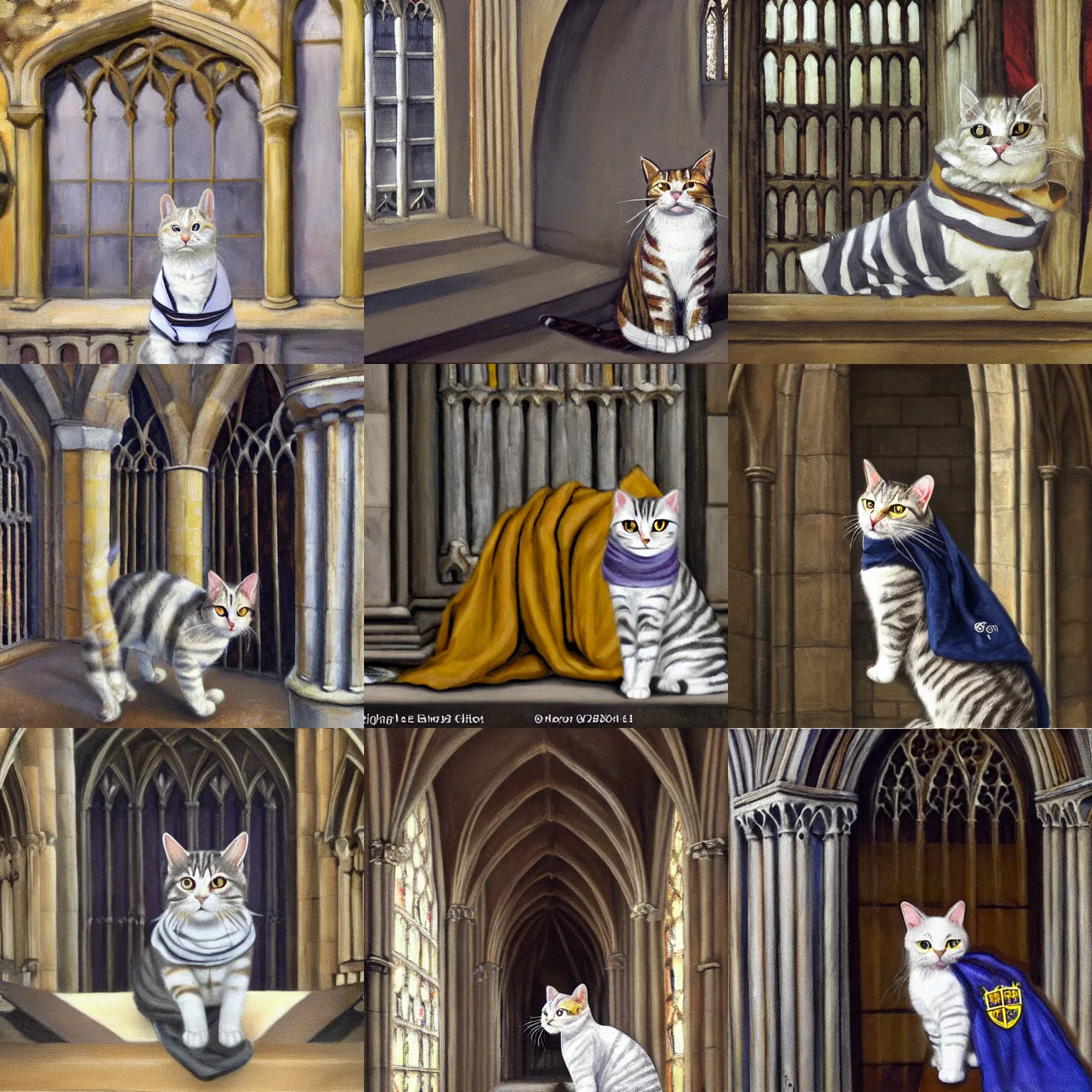 Prompt: oil painting extreme wide shot of a white and grey tabby cat wearing a hufflepuff scarf, in the Gloucester Cathedral cloisters, high detail, award-winning