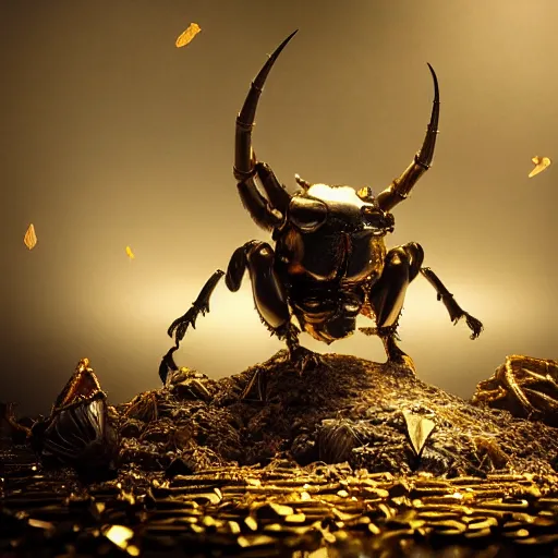 Image similar to Very high detailed rhinoceros beetle made of gold and metal standing on a carbon fiber background, smoke and powder, full body, big horn, robotic, nature, symmetrical, Greg Rutkowski, Charlie Bowater, Beeple, Unreal 5, hyperrealistic, dynamic lighting, fantasy art