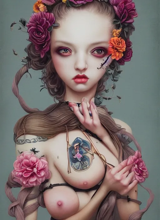 Image similar to pop surrealism, lowbrow art, realistic seductive cute woman painting, body harness, japanese shibari with flowers, hyper realism, muted colours, rococo, natalie shau, loreta lux, tom bagshaw, mark ryden, trevor brown style,
