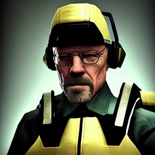 Prompt: heisenberg from breaking bad using a h. e. v. suit from half life, ultra detailed, photography, half life, valve