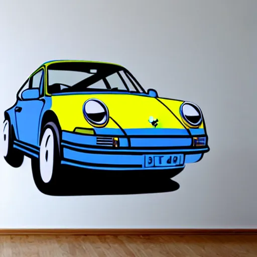 sticker on a wall of a porsche 9 1 1 blue and yellow