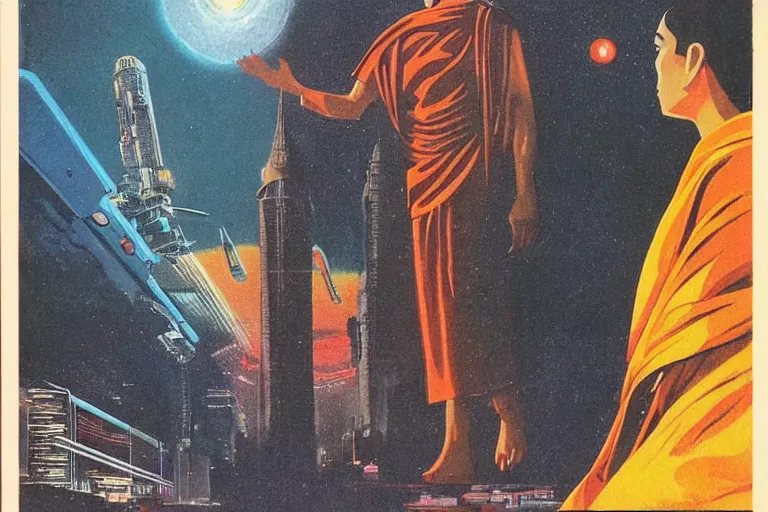 Image similar to 1979 OMNI Magazine Cover of Buddhist monk. in cyberpunk style by Vincent Di Fate