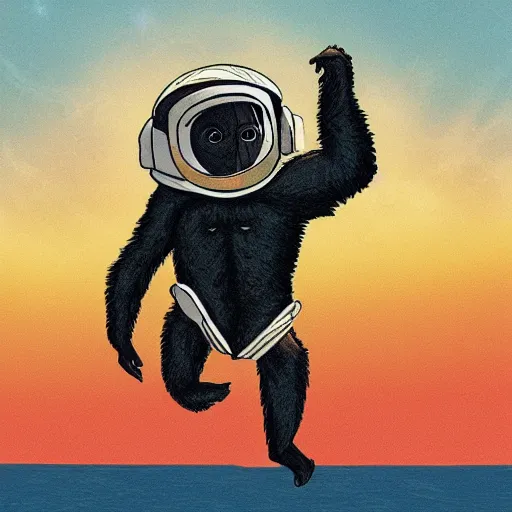 Image similar to an ape astronaut floating through the beautiful cosmos