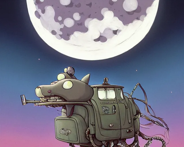 Image similar to a cell shaded cartoon grey lovecraftian mechanized kangaroo from howl's moving castle ( 2 0 0 4 ), with a big head, on a desert road, wide shot, in front of a big moon, muted colors, post grunge, josan gonzales, wlop, by james jean, victor ngai, hq, deviantart, art by artgem