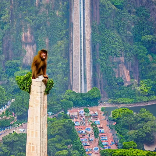 Image similar to high quality portrait of a monkey in front of Christ The Redeemer, studio photograph, photograph, realistic photo, 8k photo, 4k photo, stock photo, high resolution, cinematic shot, high detail