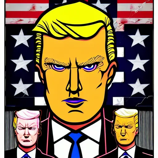 Prompt: character portrait inspired by max headroom and donald trump, digital art work made in comic art style, highly detailed macabre face, realistic