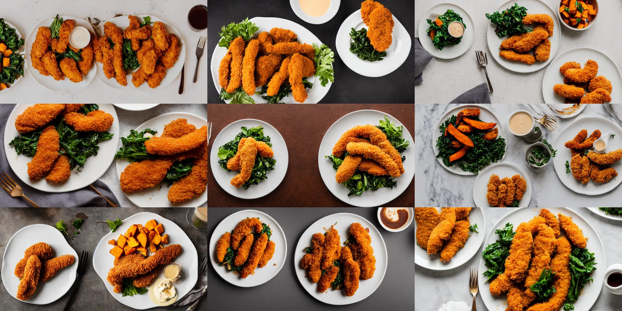 Image similar to A soft focus photo of beautiful, delicious-looking chicken tenders with a side of sweet potato hash and collared greens, three MICHELIN stars, presented on a white-colored plate on top of a mocha-colored table, 80mm lens, f/2.8