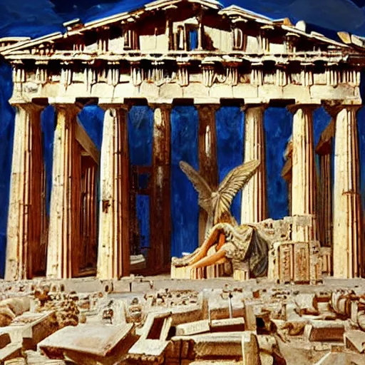 Prompt: the Parthenon with attached wings, flapping, oil on canvas, portrait, intricate, 8k highly professionally detailed, HDR, CGsociety