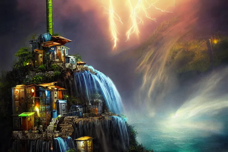 Image similar to mission waterfall favela honeybee hive, sci - fi environment, lightning, industrial factory, award winning art, epic dreamlike fantasy landscape, ultra realistic,