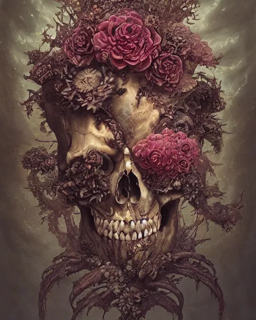 Image similar to a beautiful detailed front view of a dead rotten skull with ornate growing around, ornamentation, flowers, elegant, beautifully soft lit, by wayne barlowe, peter mohrbacher, kelly mckernan