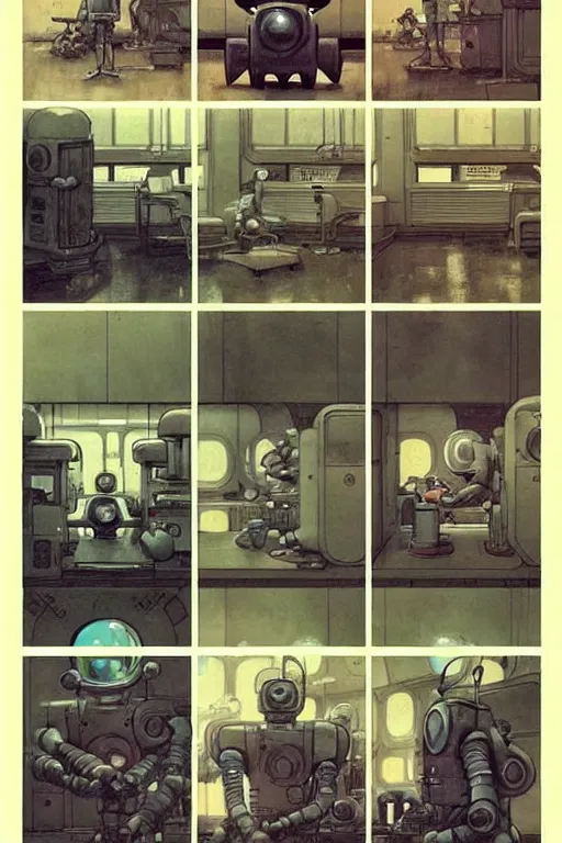 Prompt: graphic novel page layout ( ( ( ( ( 1 9 5 0 s retro future robot lab interior. muted colors. ) ) ) ) ) by jean - baptiste monge!!!!!!!!!!!!!!!!!!!!!!!!!!!!!!