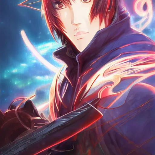 Prompt: anime fantasy portrait artwork of a hooded intricate cybernetic sorcerer warrior character with high quality glistening beautiful colors, rich moody atmosphere, reflections, specular highlights, glowing skin, realistic detailed background, brandishing iridescent cosmic sword, colourful 3 d crystals and gems, portrait by makoto shinkai and greg rutkowski