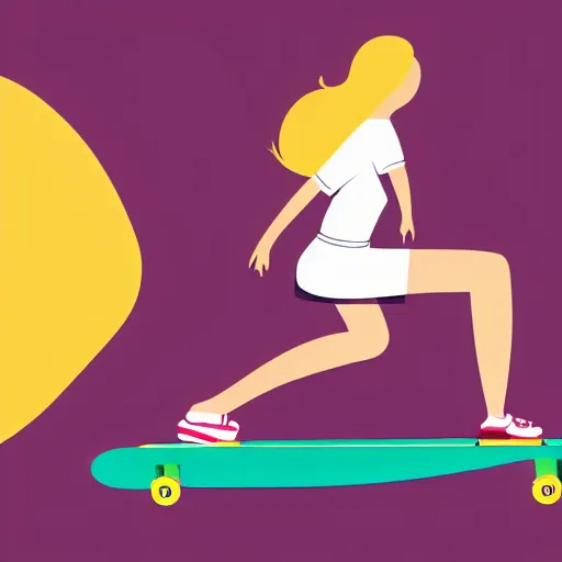 Prompt: modern stylized illustration of a girl riding a skateboard with one leg up and the other on the deck going fast, side view