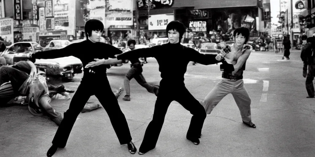 Image similar to bruce lee in a street fight with quentin tarantino on hollywood boulevard in the middle of traffic, hyperreal, onlookers, in style style of kill bill