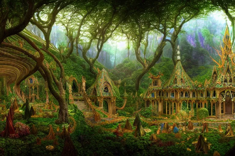 Prompt: a beautiful and highly detailed digital painting of an elven palace in a beautiful mystical forest, faerie realm, psychedelic patterns, celtic designs, intricate details, epic scale, hyperdetailed, artstation, cgsociety, 8 k, sharp focus, by caspar friedrich, albert bierstadt, james gurney, brian froud,