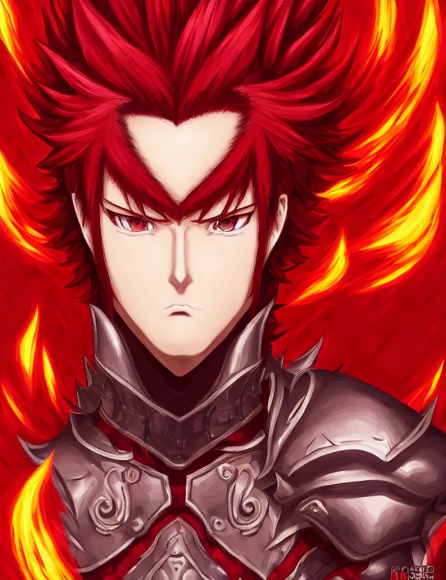 Image similar to a detailed manga portrait of a handsome tall man with spiked crimson hair in fiery crimson crystalline armour, trending on artstation, digital art, 4 k resolution, detailed, high quality, sharp focus, hq artwork, coherent, insane detail, character portrait