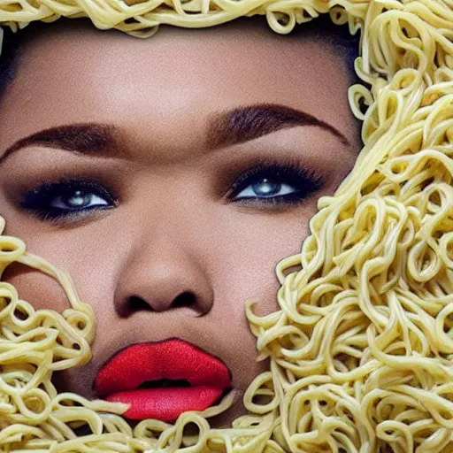 Prompt: lizzo's face made out of noodles