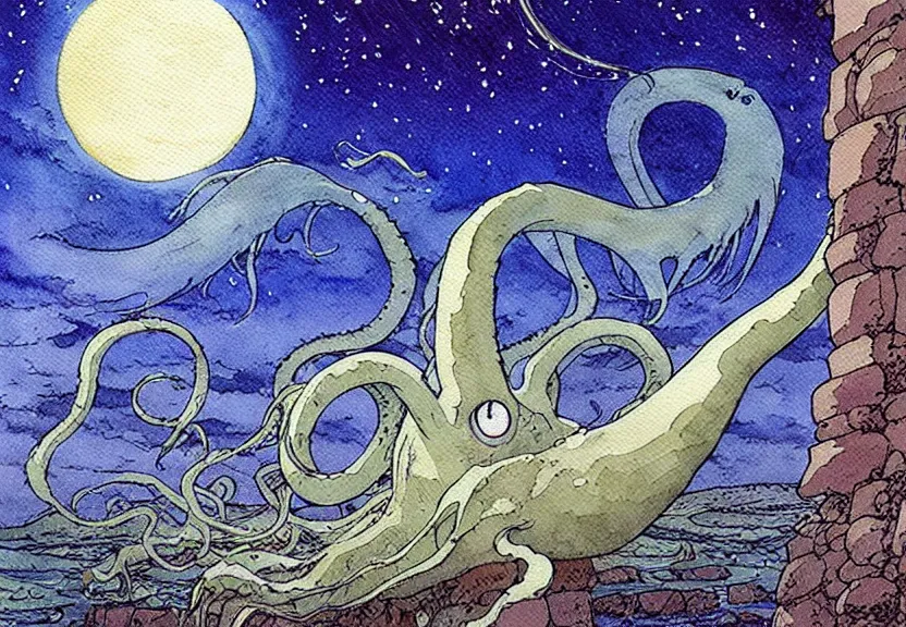 Image similar to a simple watercolor studio ghibli movie still fantasy concept art of a giant squid from princess mononoke ( 1 9 9 7 ) in stonehenge. it is a misty starry night. by rebecca guay, michael kaluta, charles vess