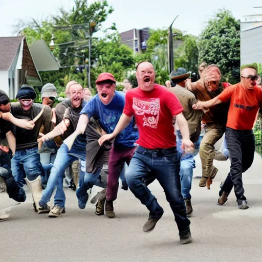 Image similar to a group of crazy dudes come storming at you