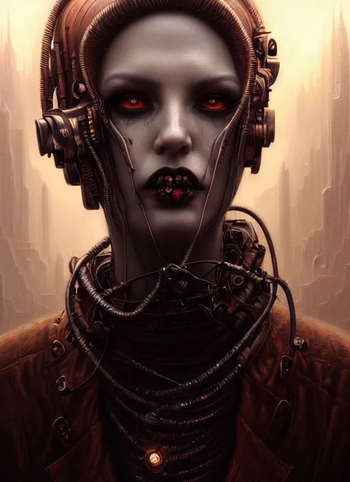 Image similar to portrait shot of a cyberpunk vampire in a scenic dystopian environment, lovecraftian, intricate, elegant, highly detailed, centered, digital painting, artstation, concept art, smooth, sharp focus, illustration, artgerm, tomasz alen kopera, peter mohrbacher, donato giancola, joseph christian leyendecker, wlop, boris vallejo