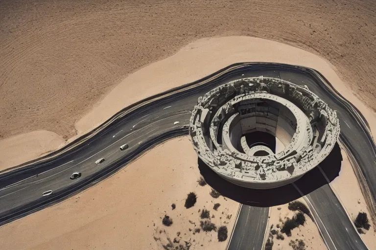 Prompt: film still of modern ultracomplex néoclassical spiral building in the desert, by Étienne-Louis Boullée and Jean Jacques Lequeu cinestill 800t 35mm full-HD