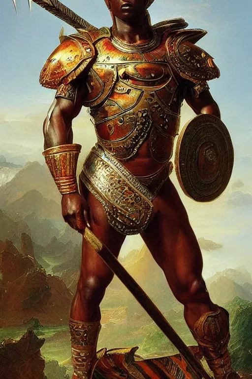 Prompt: a powerful and muscular male african warrior, ornate armour, realistic oil painting by Thomas Cole and Wayne Barlowe