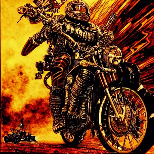 Image similar to infernal motorbikers, atmospheric lighting, painted, intricate, golden hour, ultra detailed by philippe druillet